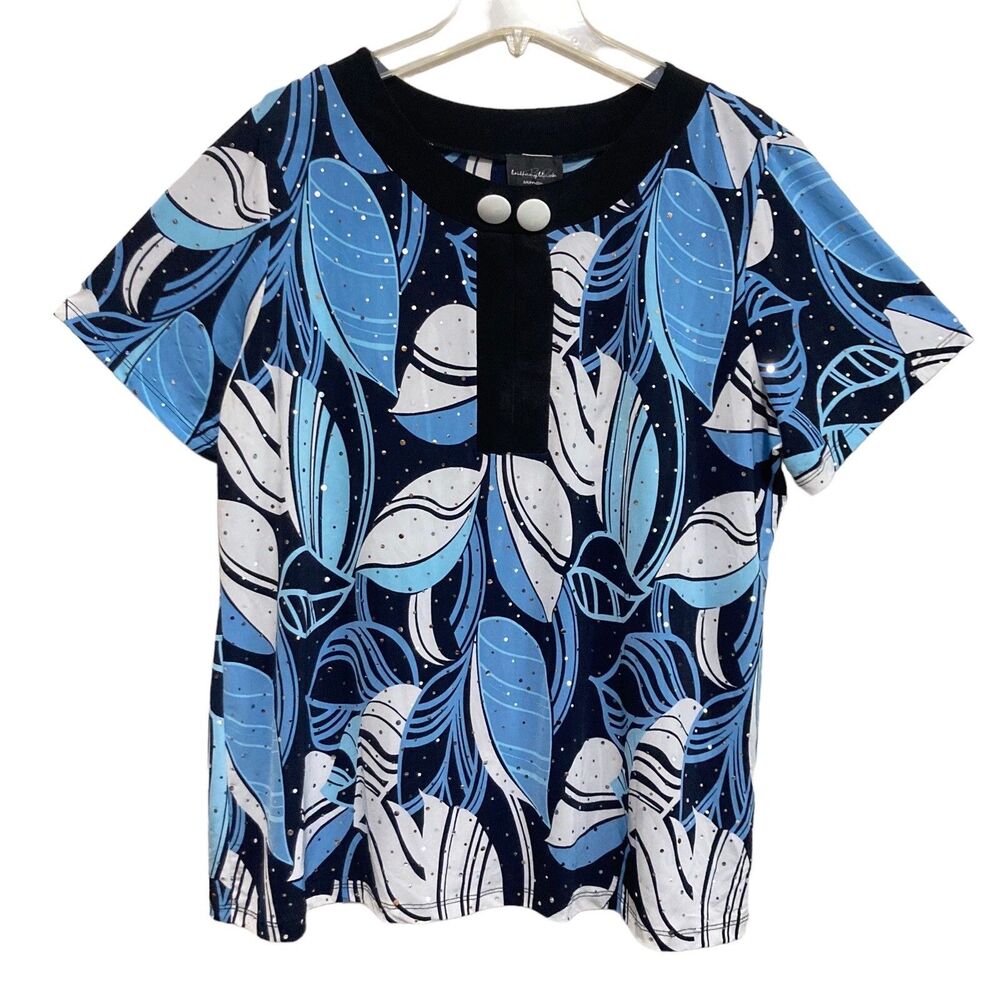 Brittany Black Blouse Women's Size 1X Blue Black Sparkle Embellish Short Sleeve